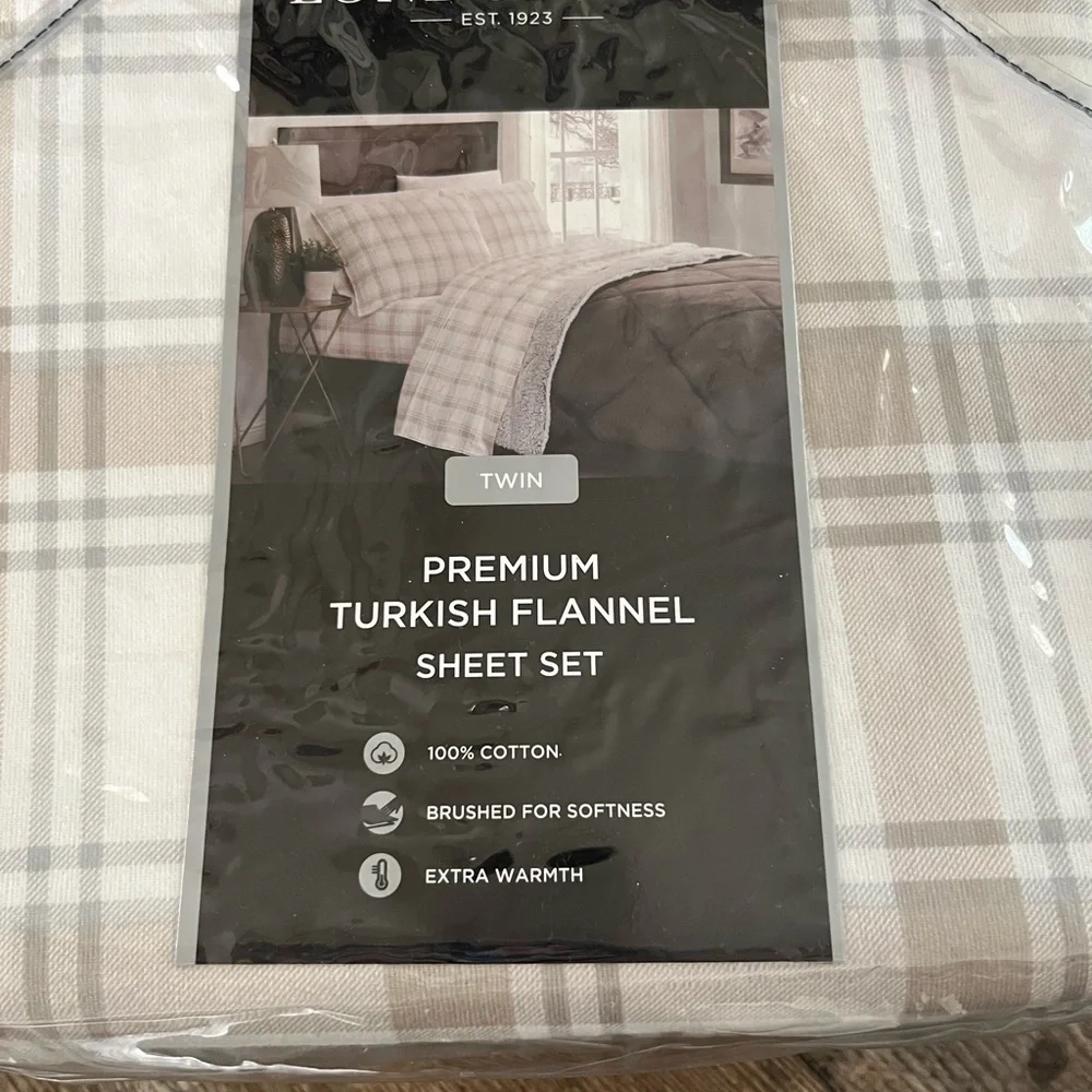 London Fog Turkish Flannel Sheet Set - Beige Plaid